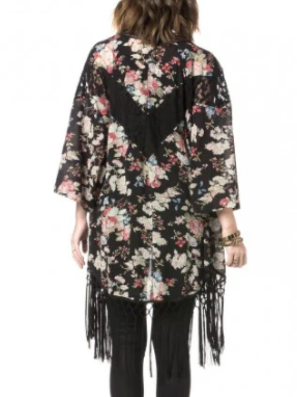 Miss Me Kimono Black Floral Print Lace Inset with Fringe Size M Open Front Sheer - Picture 8 of 8